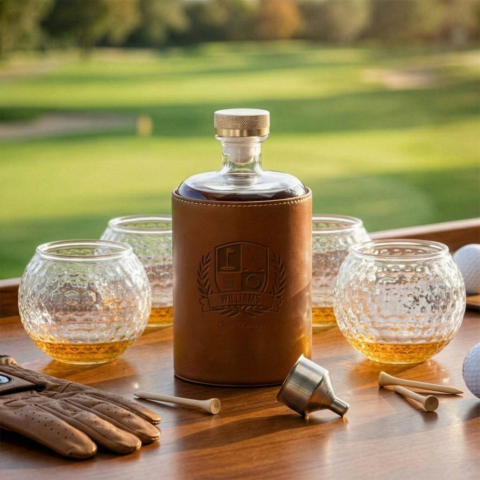 Crawford Leather Whiskey Decanter - Golf Ball Glasses