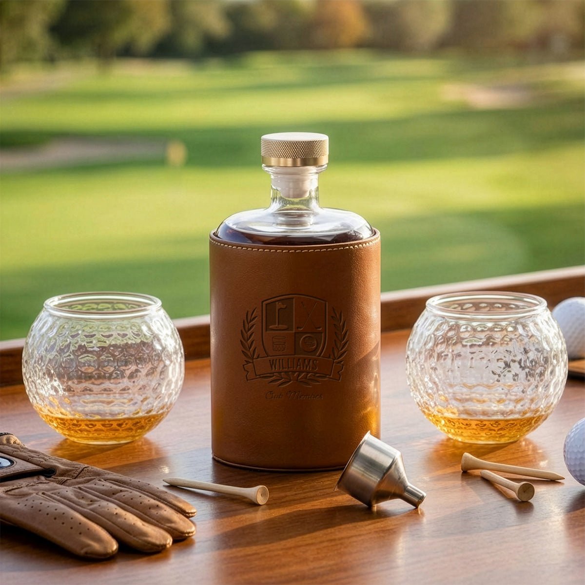 Crawford Leather Whiskey Decanter - Golf Ball Glasses