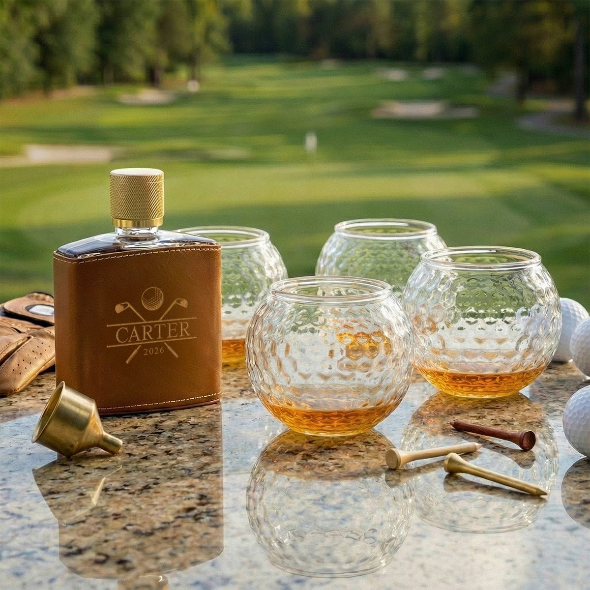 Crawford Leather Whiskey Flask - Golf Ball Glasses