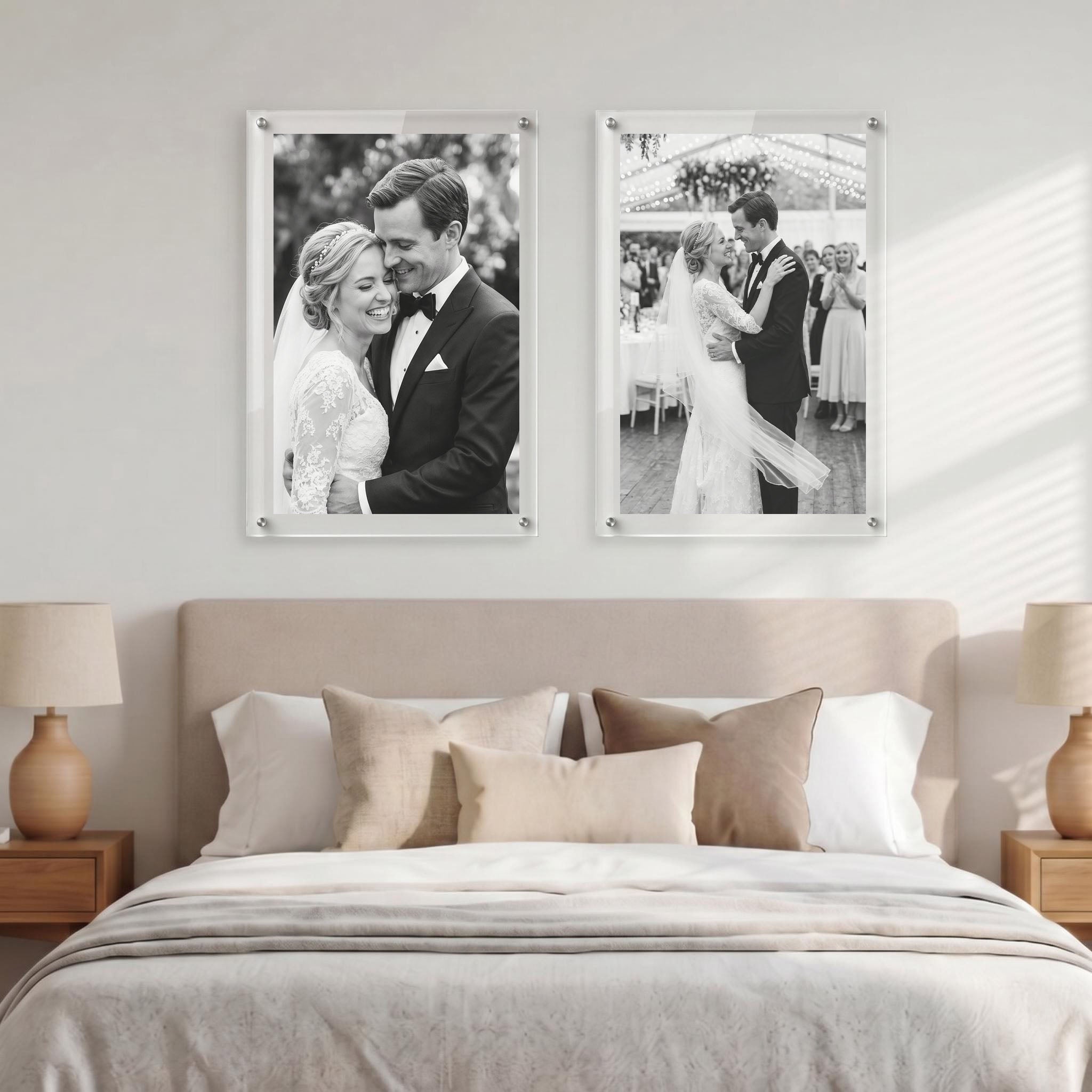 Two acrylic photo prints with black and white wedding portraits 