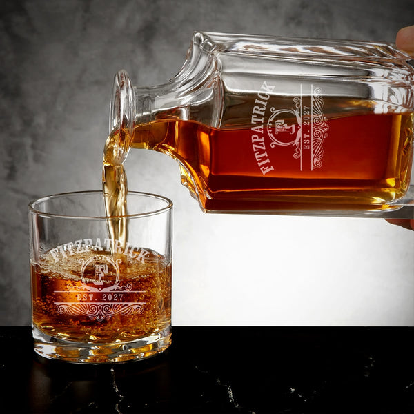 Custom Carson Crystal Whiskey Decanter Set with Glasses - Crafted Ebony Black Box