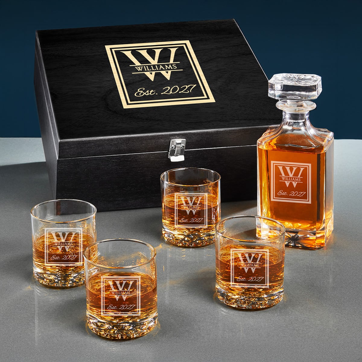 Custom Carson Crystal Whiskey Decanter Set with Glasses - Crafted Ebony Black Box