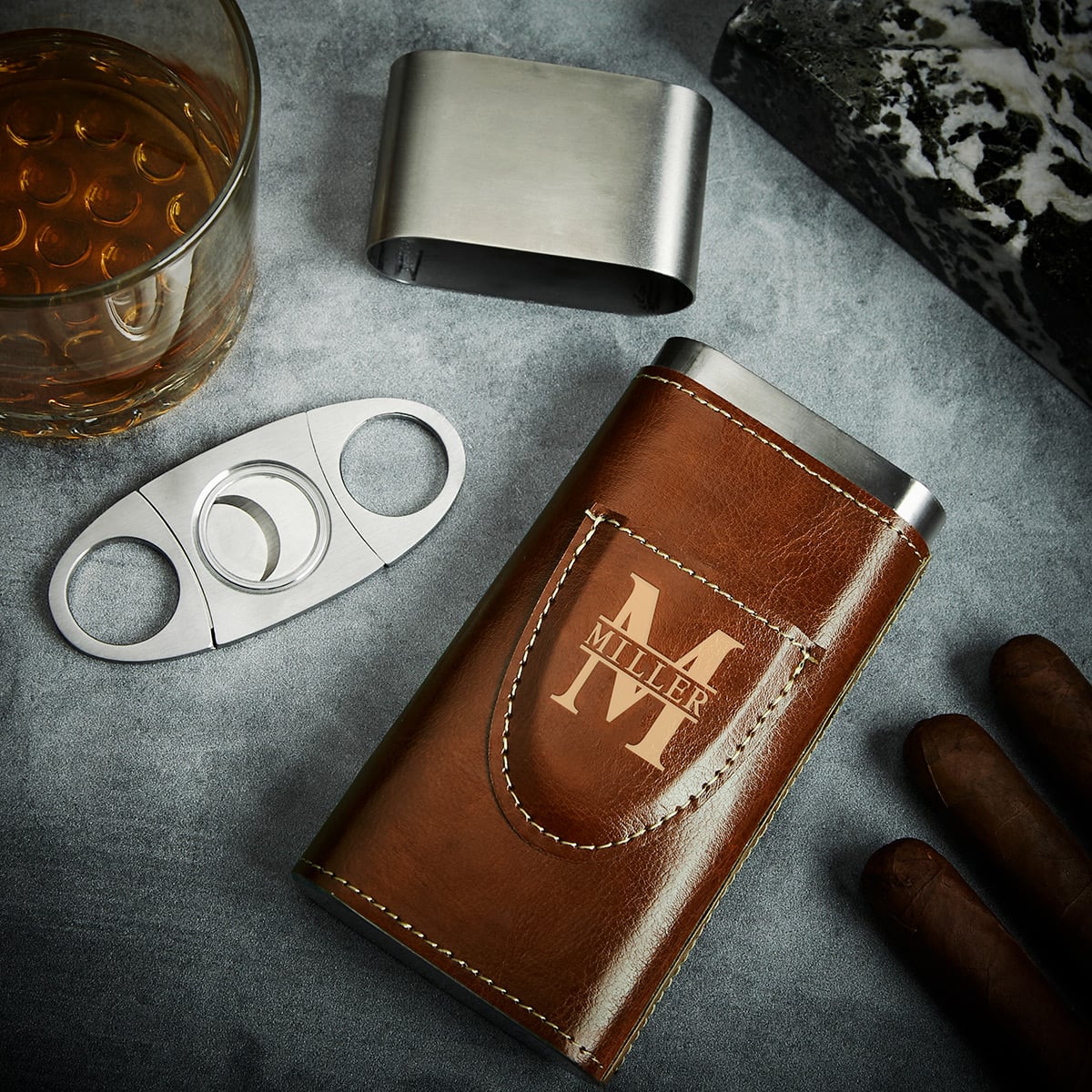 Custom Cigar Case with Cutter - Brown Vegan Leather