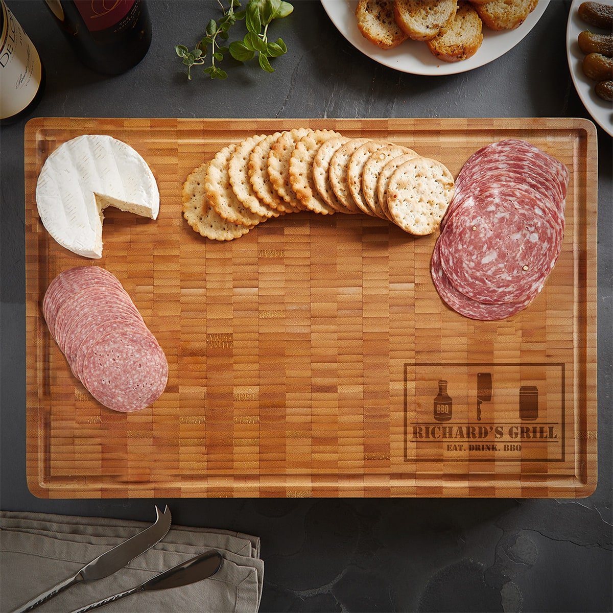 Custom End Grain XL 18x12x2 Cutting Board w Juice Grove (BBQ - CORNER)