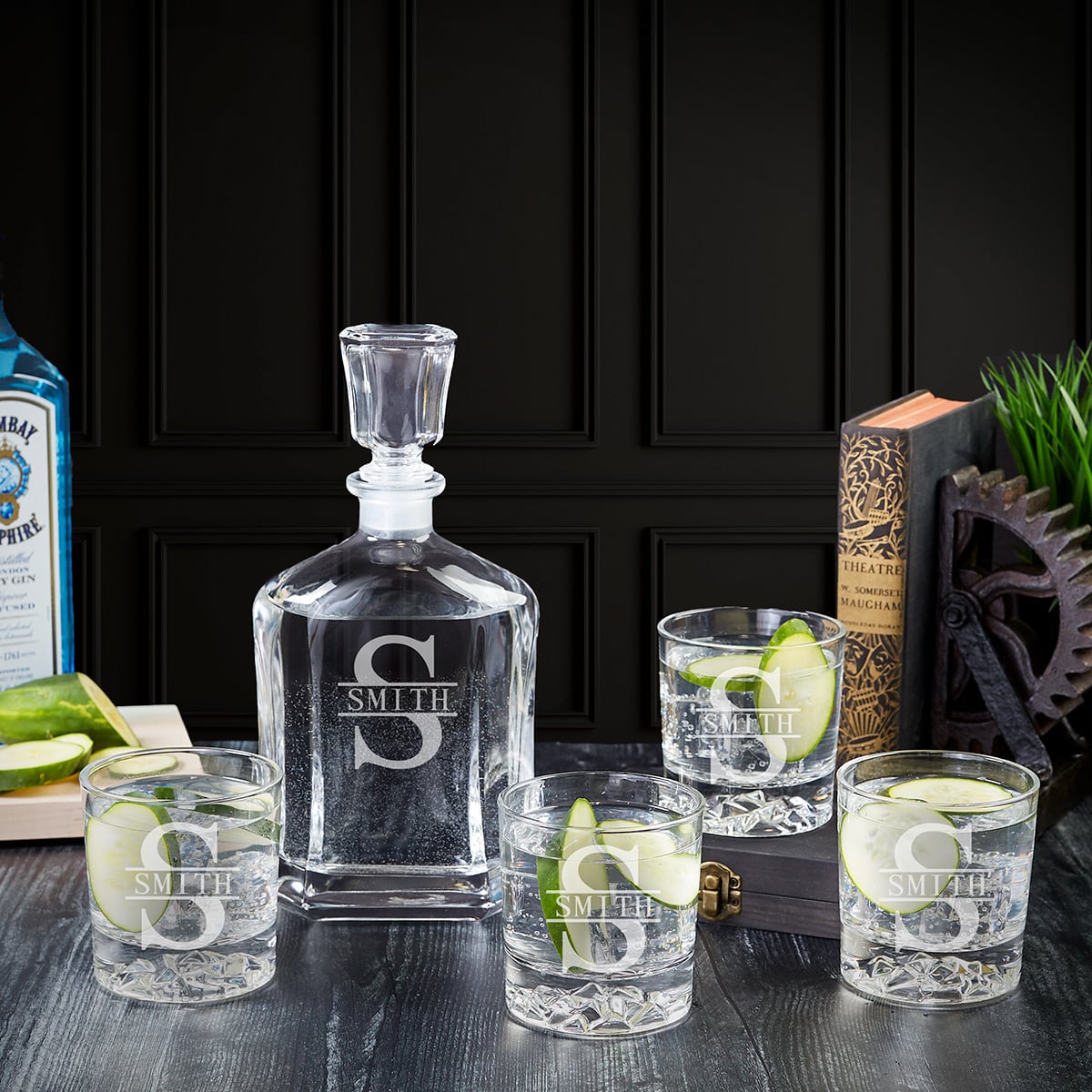 Custom Glacier Bottom Gin Glasses and Decanter Gift Set with Handcrafted Box - 6pc
