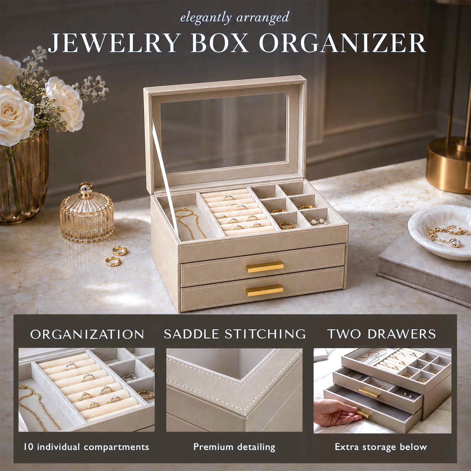 Custom Jewelry Box Organizer w/ Drawers, Champagne