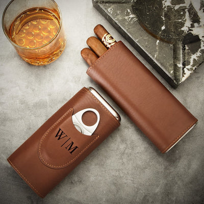 Custom Oxley Cigar Glass and Cedar - Lined Cigar Case, Brown Leather