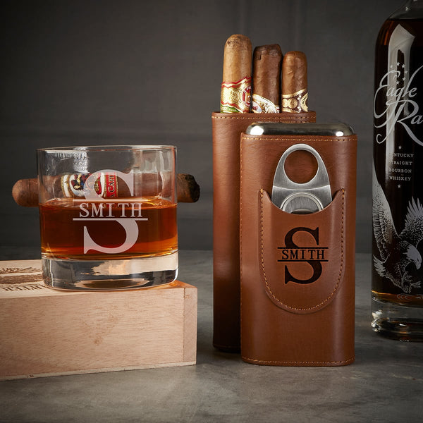 Custom Oxley Cigar Glass and Cedar - Lined Cigar Case, Brown Leather