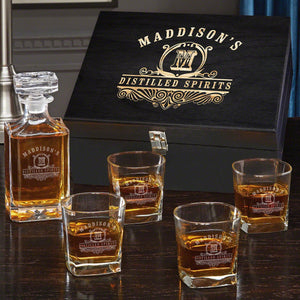Decanter + Four Glasses + Black Wood Box