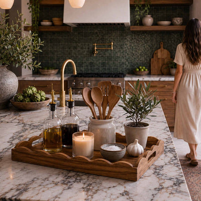 Acacia tray holding oils and kitchen accessories