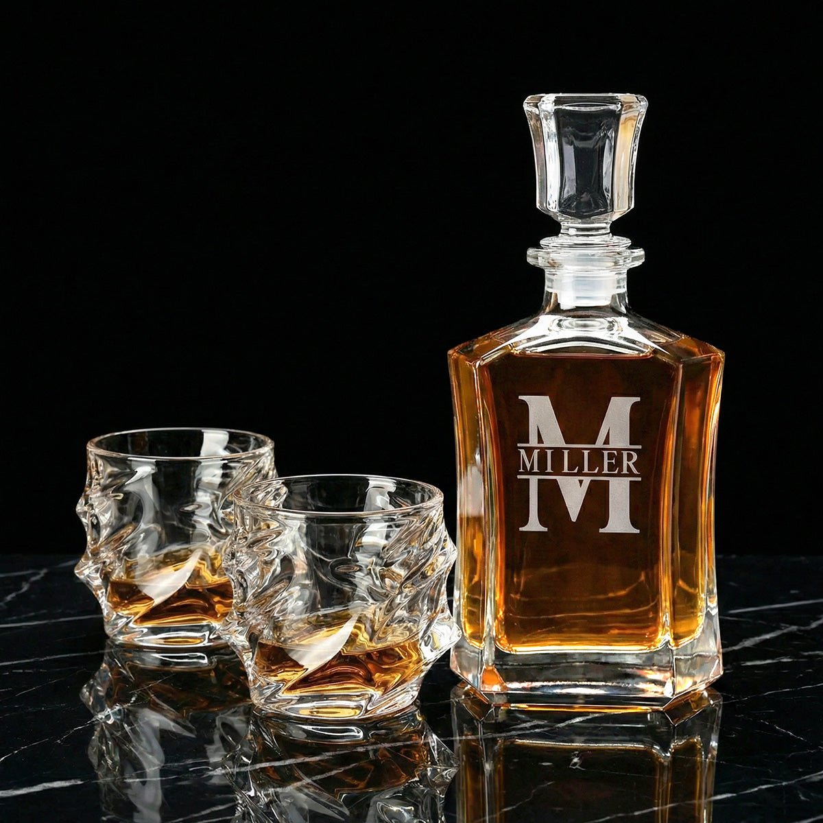Custom Whiskey Decanter Set with Sculpted Glasses