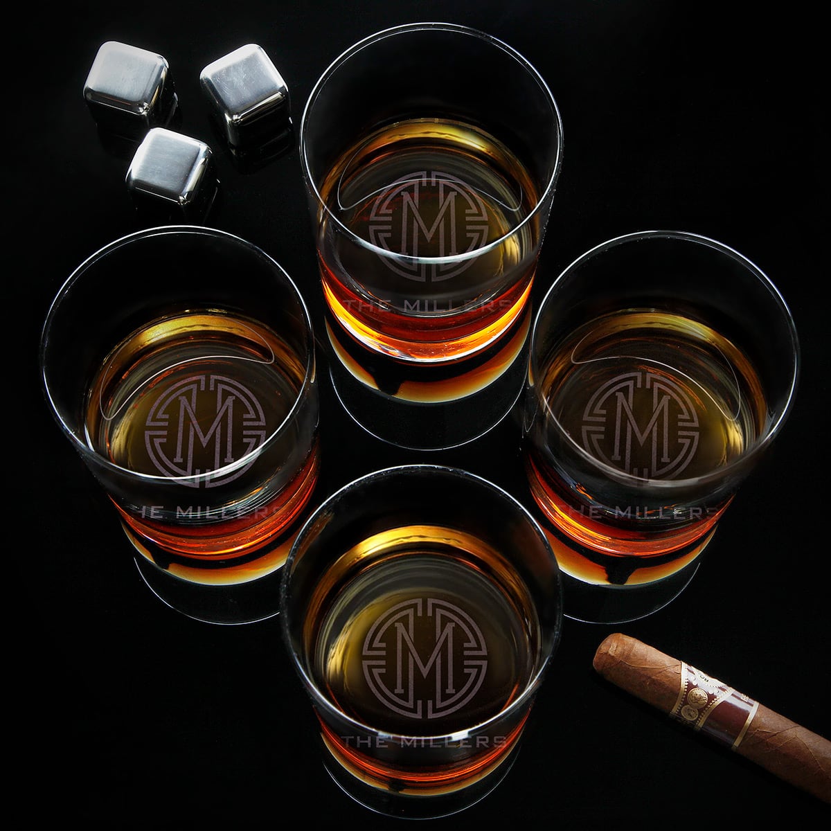 Custom Whiskey Glasses, Set of 4, with Bottom Engraving
