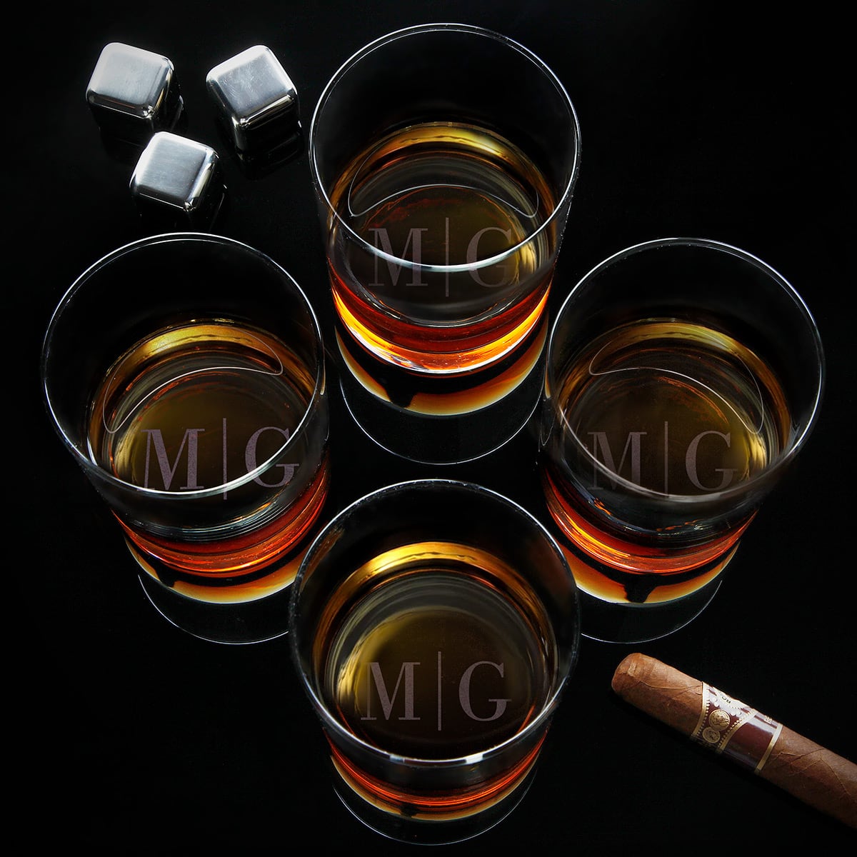 Custom Whiskey Glasses, Set of 4, with Bottom Engraving