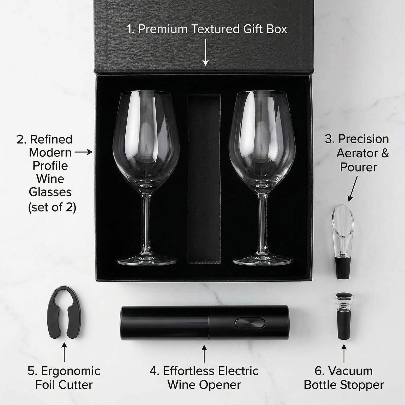 Custom Wine Glass Set - 6pc Boxed Wine Gift Set with Electric Opener