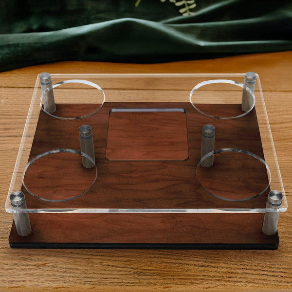 Draper Custom Whiskey Decanter Presentation Set with Glasses - Walnut Bar Serving Tray & Display Set