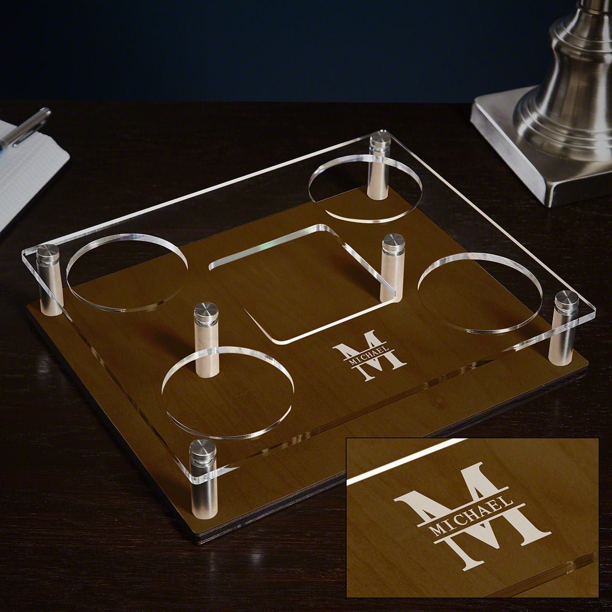 Draper Custom Whiskey Decanter Presentation Set with Glasses - Walnut Bar Serving Tray & Display Set
