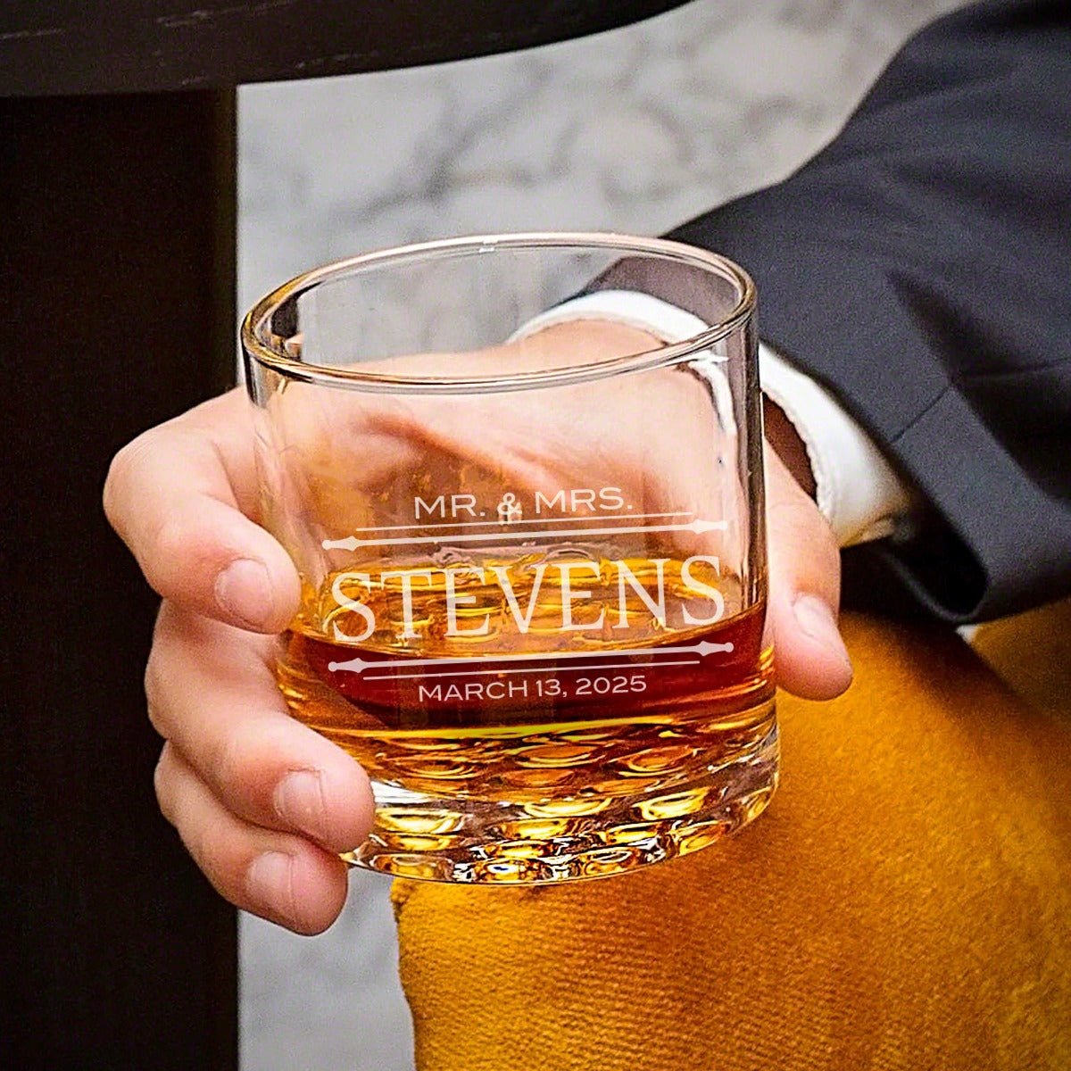 Draper Custom Whiskey Decanter Presentation Set with Glasses - Walnut Bar Serving Tray & Display Set
