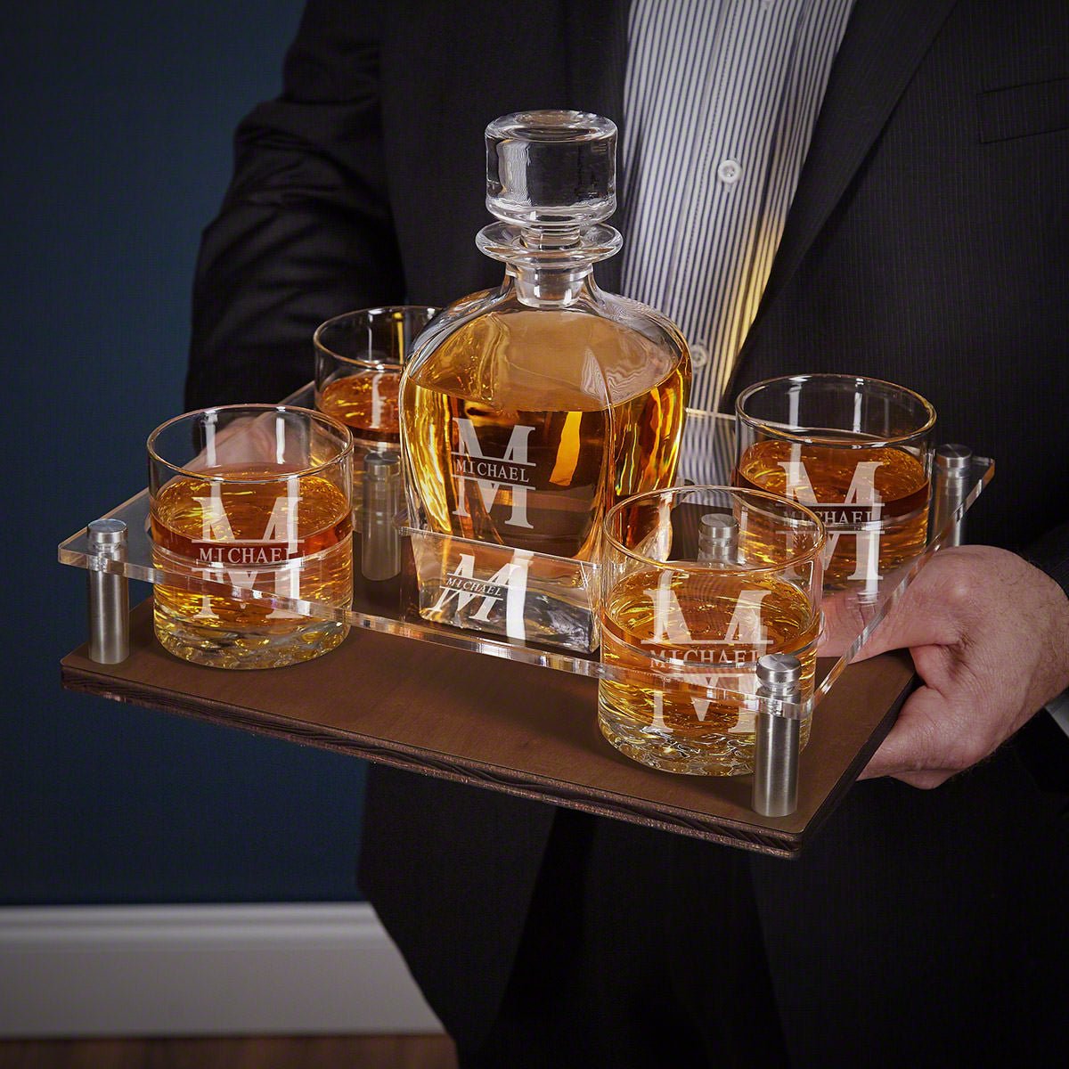 Draper Custom Whiskey Decanter Presentation Set with Glasses - Walnut Bar Serving Tray & Display Set