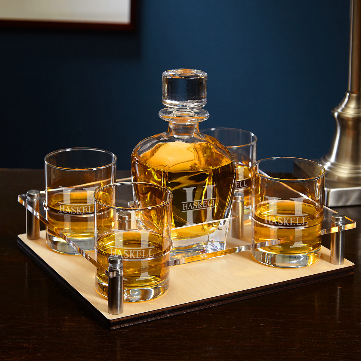 Engraved Presentation Set with Whiskey Decanter & Glasses - 6pc Bar Serving Tray & Display Set