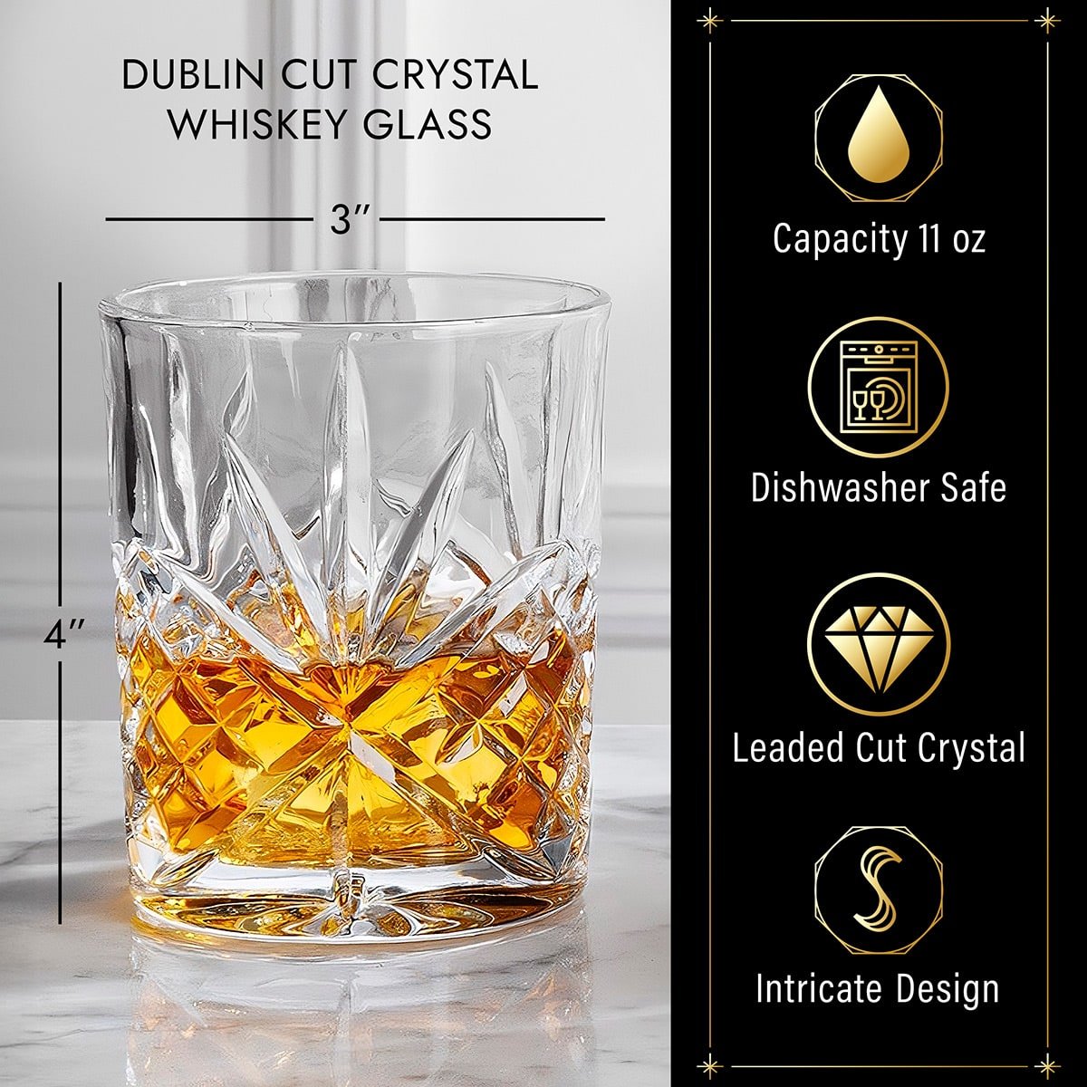 Dublin Cut Crystal Whiskey Glasses, Set of 4