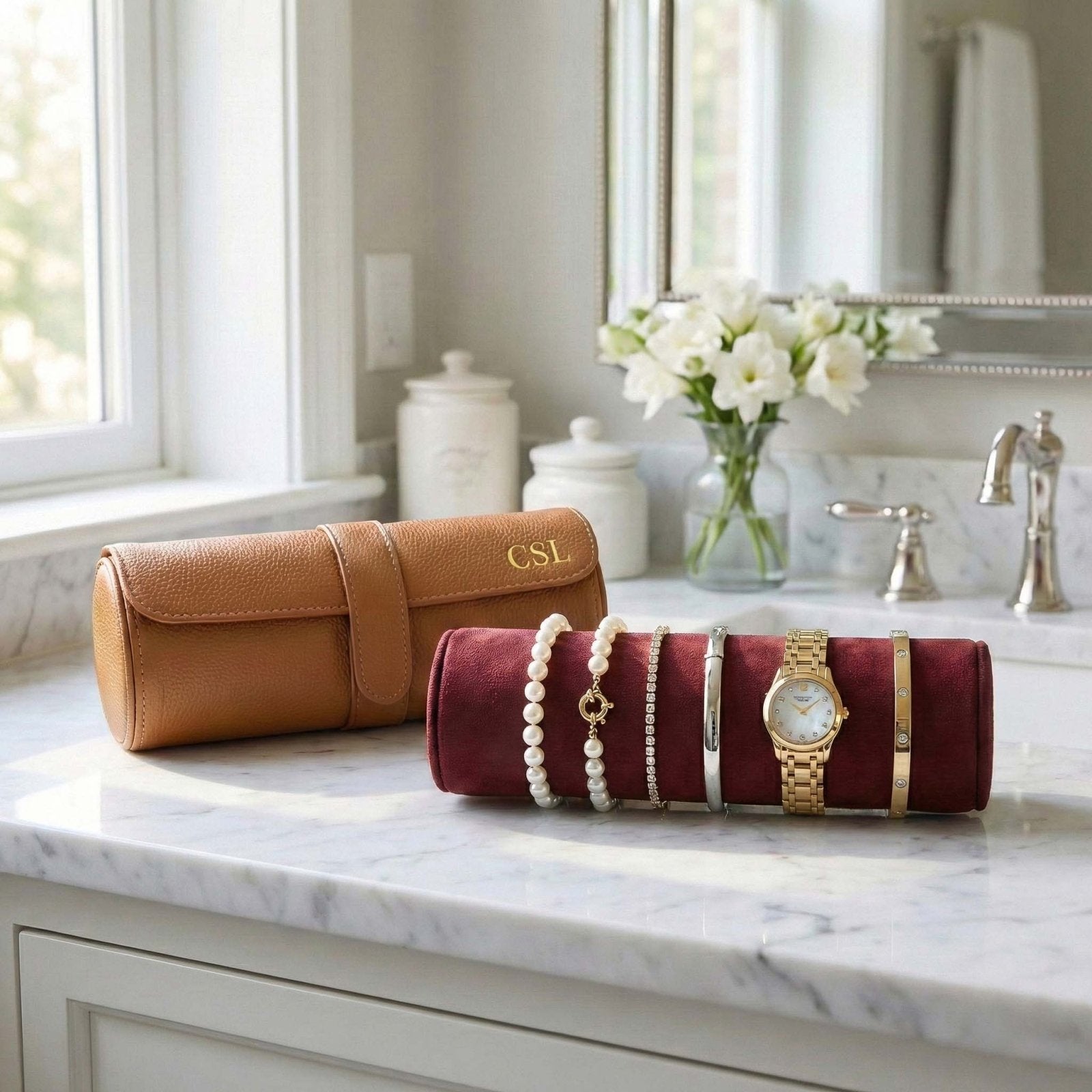 Durham Custom Leather Jewelry, Bracelet & Watch Roll for Travel - British Tan