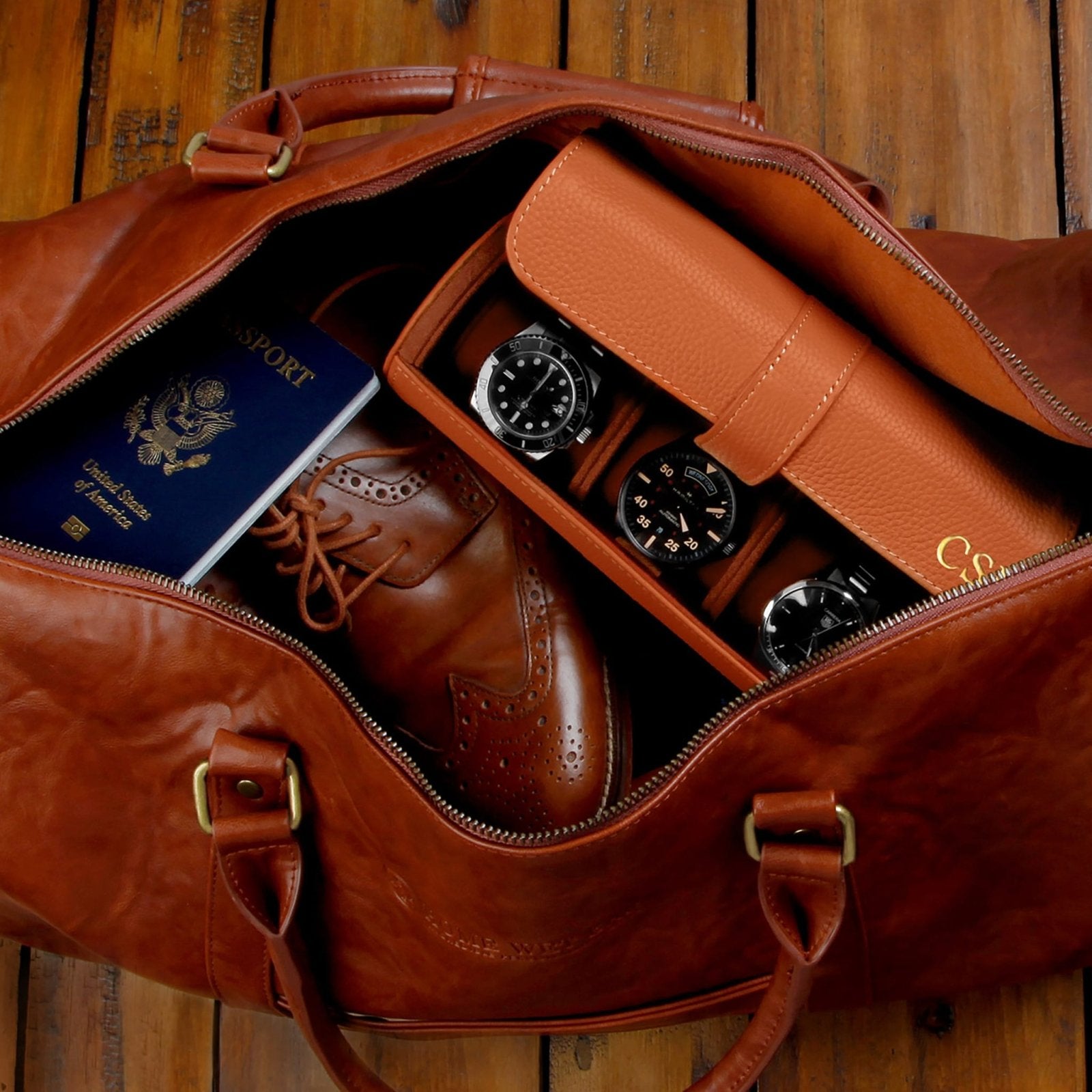 Durham Custom Leather Watch Roll for Travel, Camel