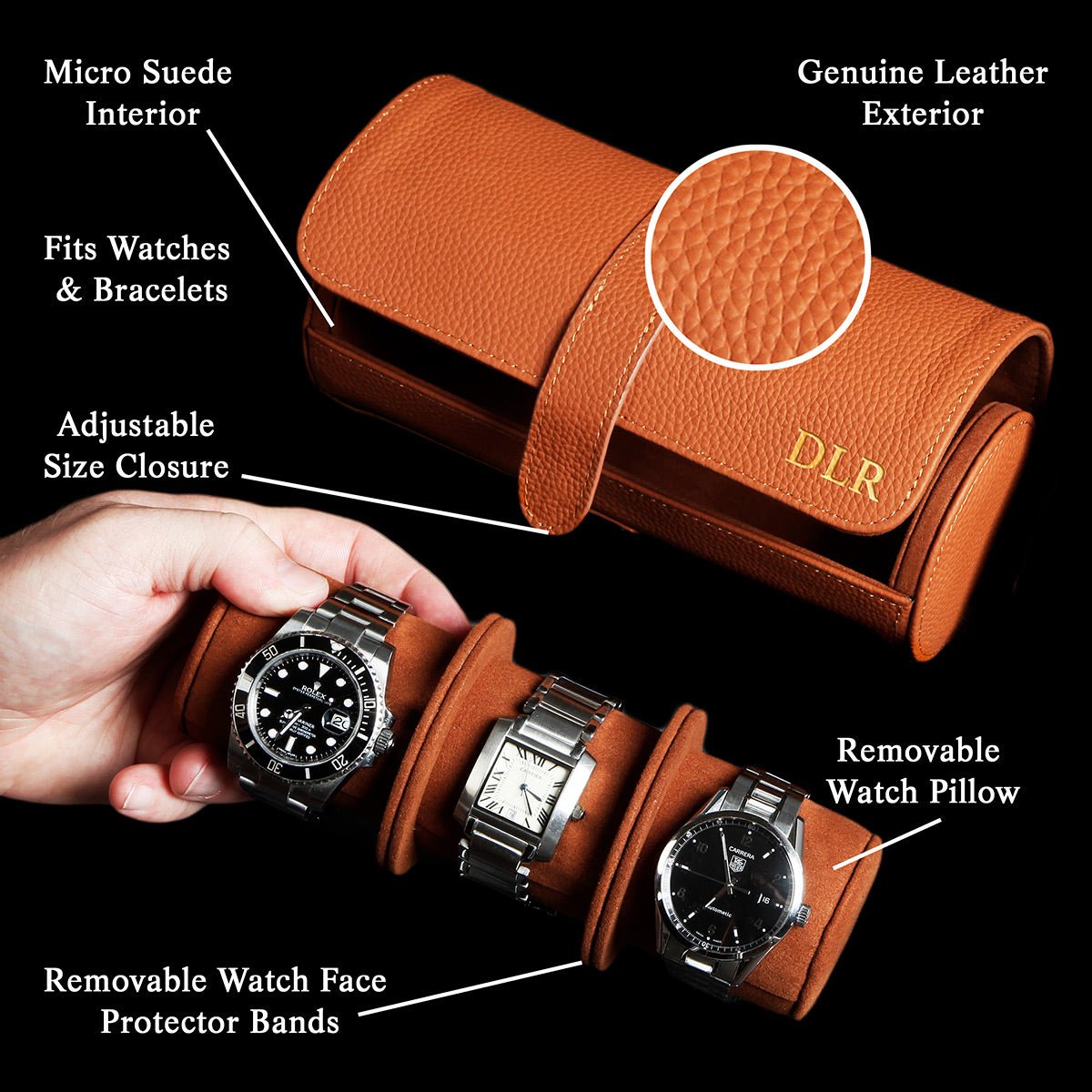 Durham Custom Leather Watch Roll for Travel, Camel