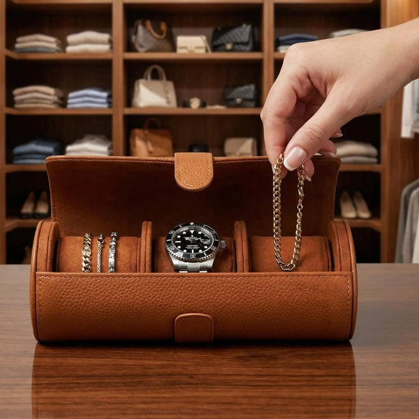 Durham Custom Leather Watch Roll for Travel, Camel