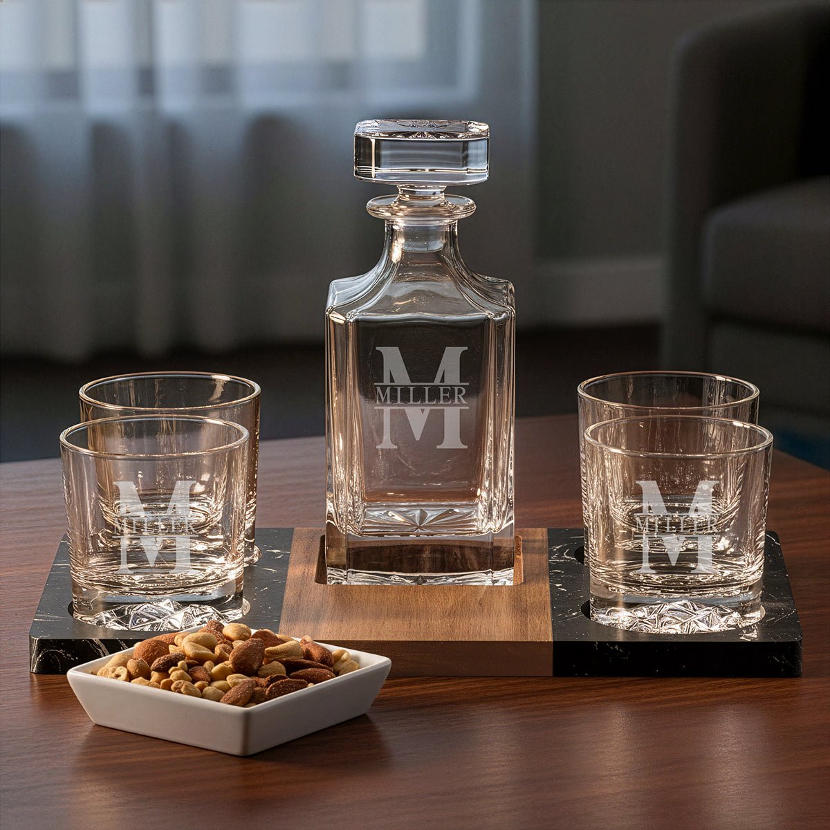 Glacier Glasses Whiskey Gift Set w/ Decanter and Winslow Marble Servin