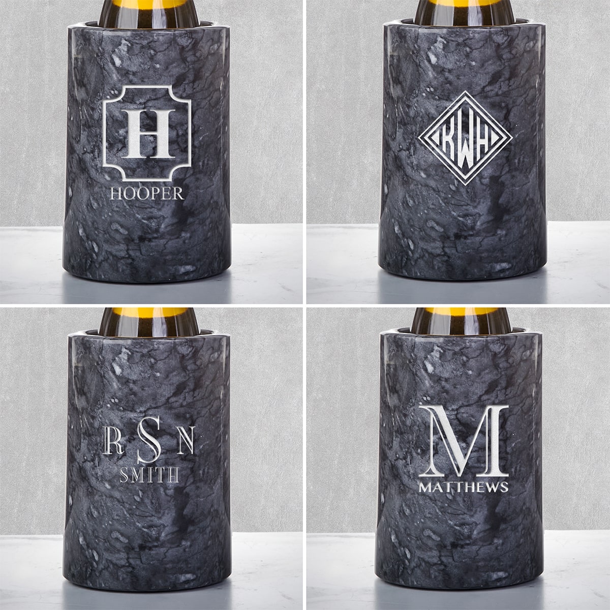 Engraved Champagne Glasses Gift Set with Black Marble Bottle Chiller