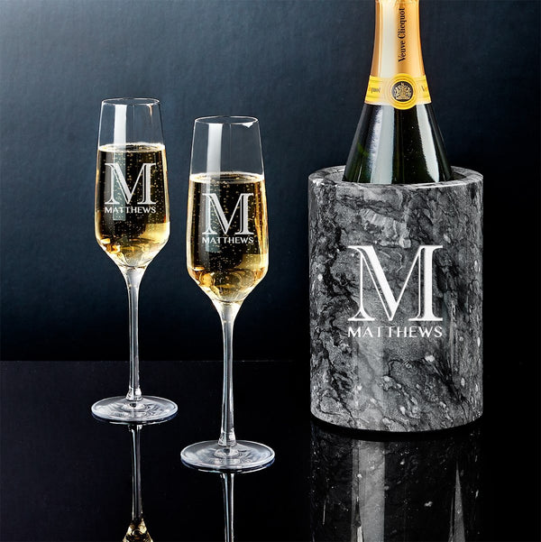 Engraved Champagne Glasses Gift Set with Black Marble Bottle Chiller