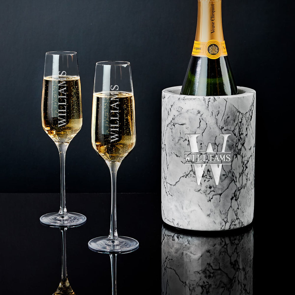 Spectacles Gift Engraved Champagne Glasses Gift Set with White Marble Bottle Chiller