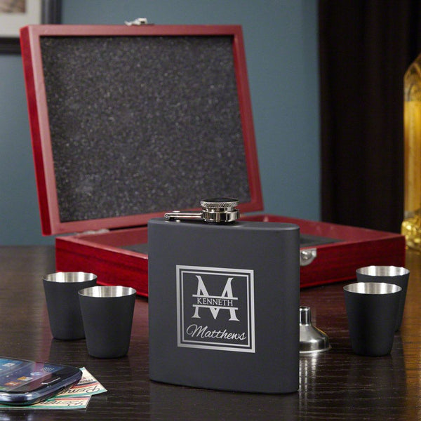 Laser Engraved Stainless Steel Flask Set – 6 Oz Flask, 2 Shot Glasses, & Funnel, Powder Coated, Gift Boxed