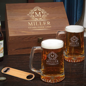 Two Beer Mugs + Wood Box + Opener