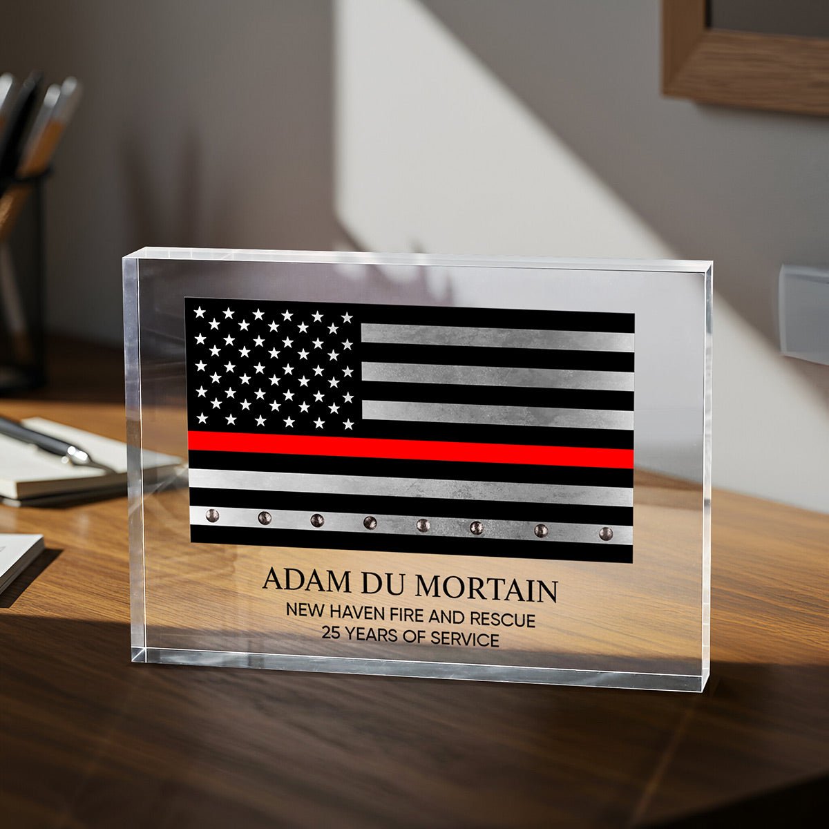 Engraved Retirement Acrylic Block Firefighter Gift - Thin Red Line