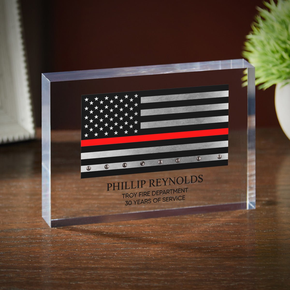 Engraved Retirement Acrylic Block Firefighter Gift - Thin Red Line