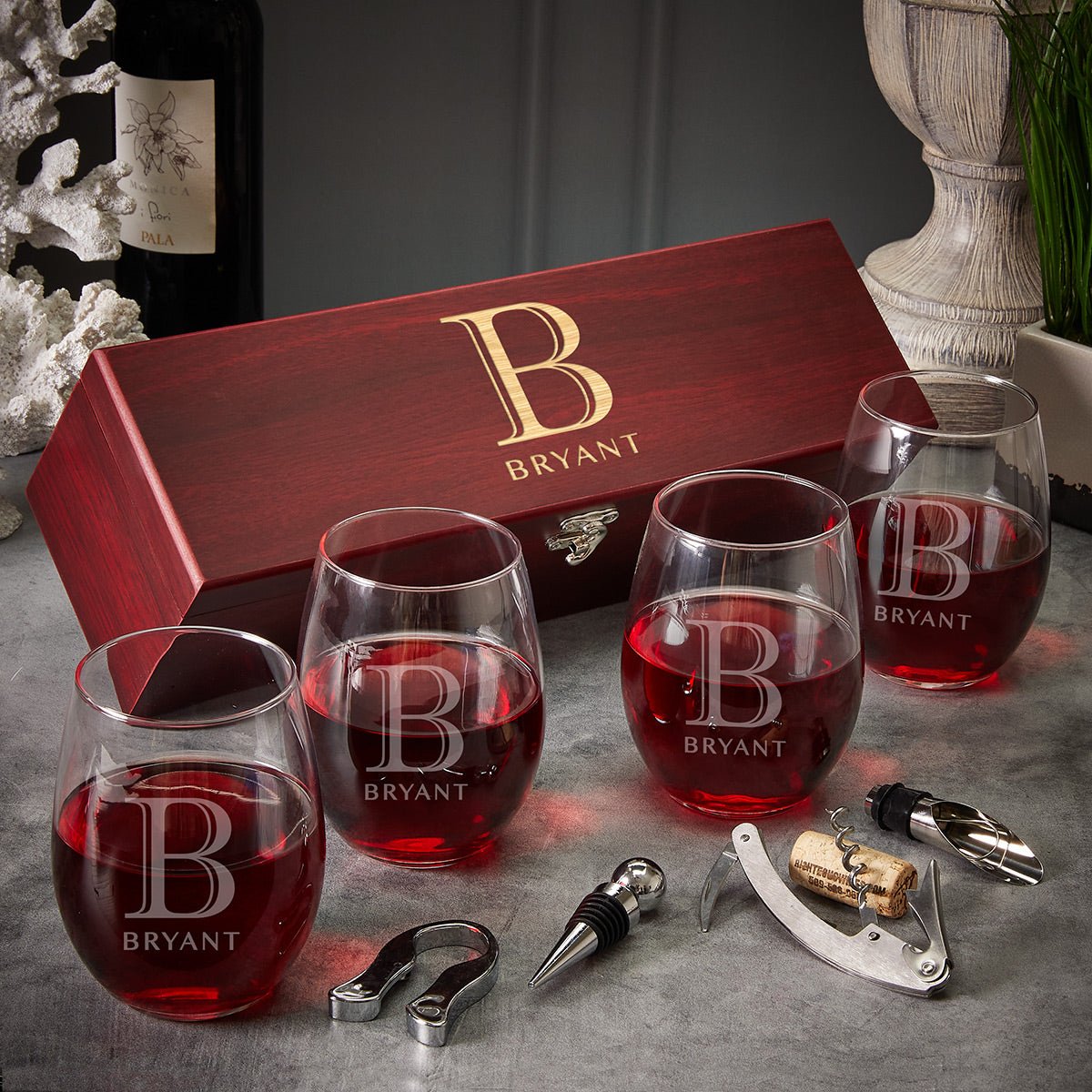 Engraved Stemless Wine Glasses with Wine Gift Box - 9pc