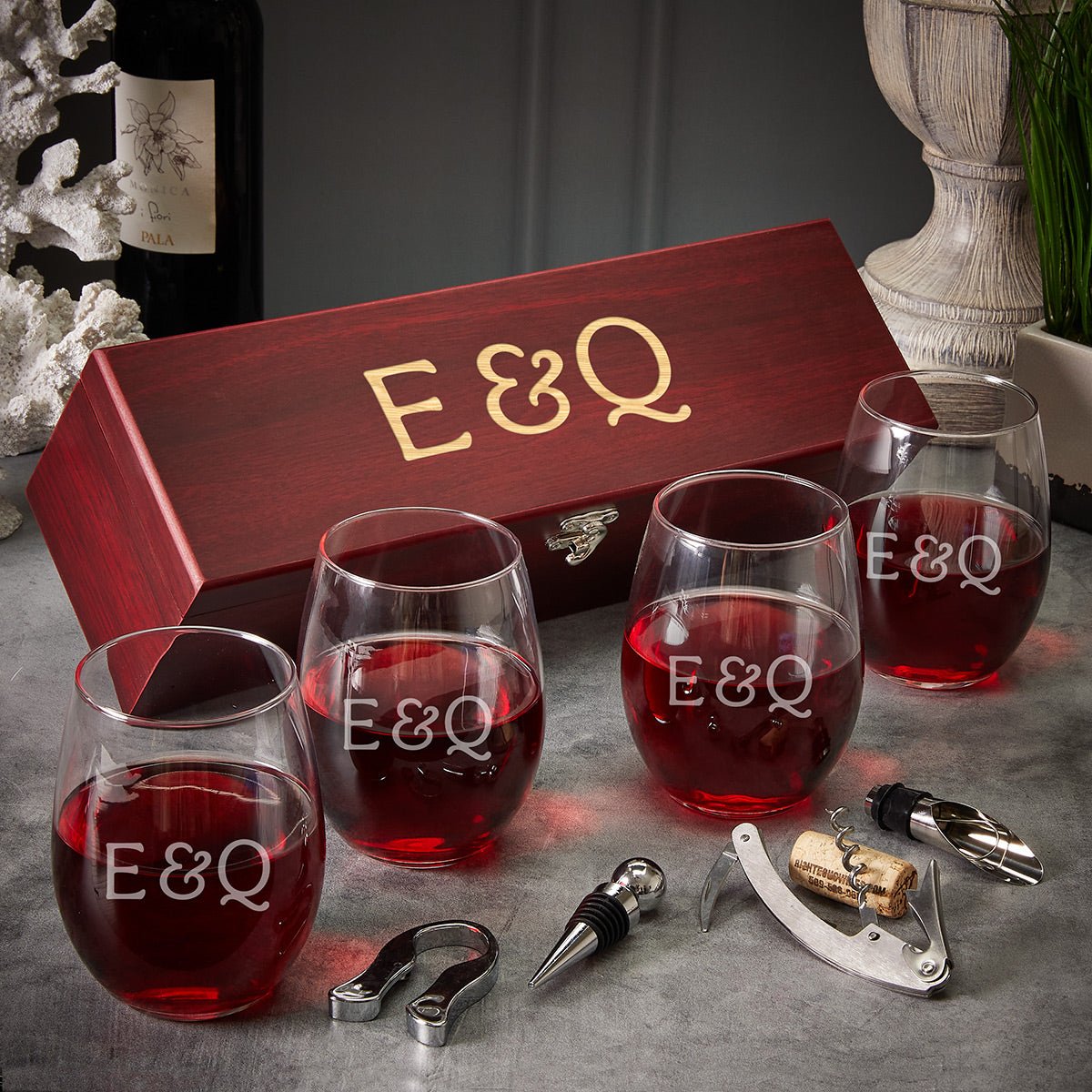Engraved Stemless Wine Glasses with Wine Gift Box - 9pc