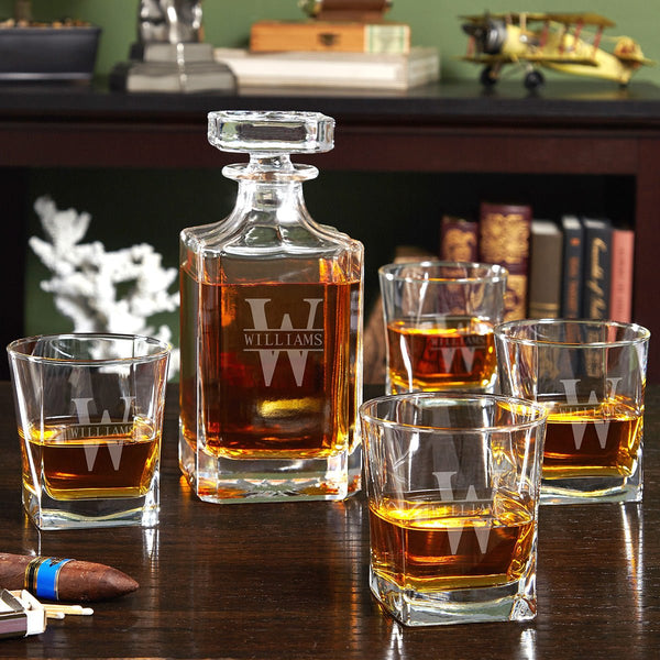 Maverton Engraved Whiskey Set For Man - Elegant Geometric Carafe With 6