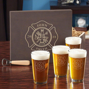 Four Pint Glasses + Wood Box