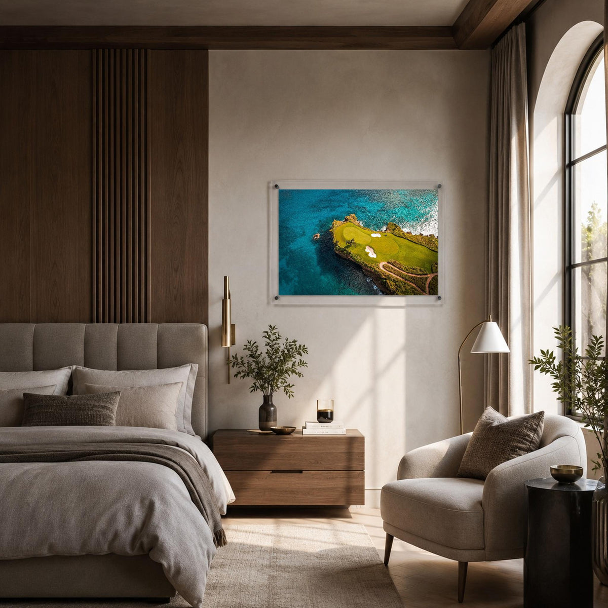 Horizontal golf wall art featuring a seaside fairway from above