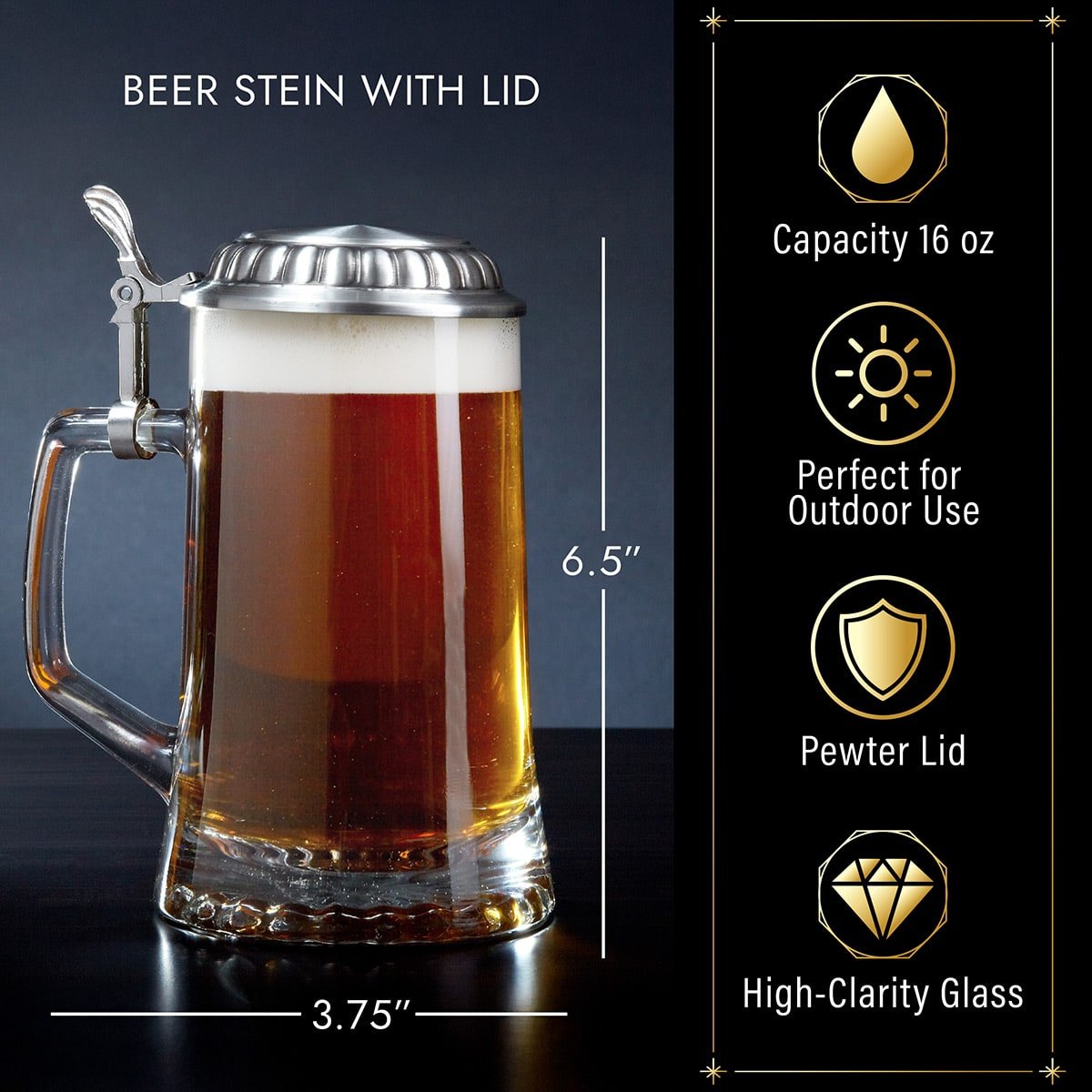 German Custom Beer Stein with Pewter Crest and Lid