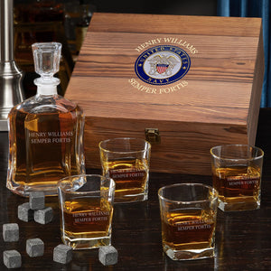 Navy Decanter + Four Glasses + Wood Box