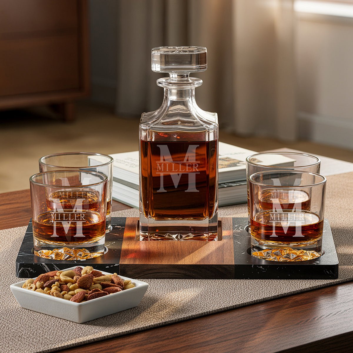 Glacier Glasses Whiskey Gift Set w/ Decanter and Winslow Marble Serving Tray