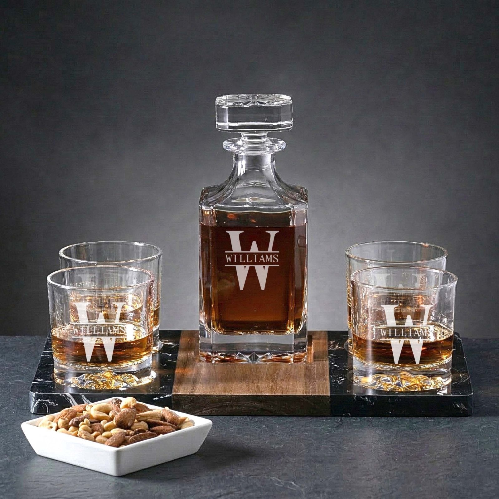 Custom Glacier Glasses Whiskey Gift Set w/ Decanter and Winslow Marble Serving Tray