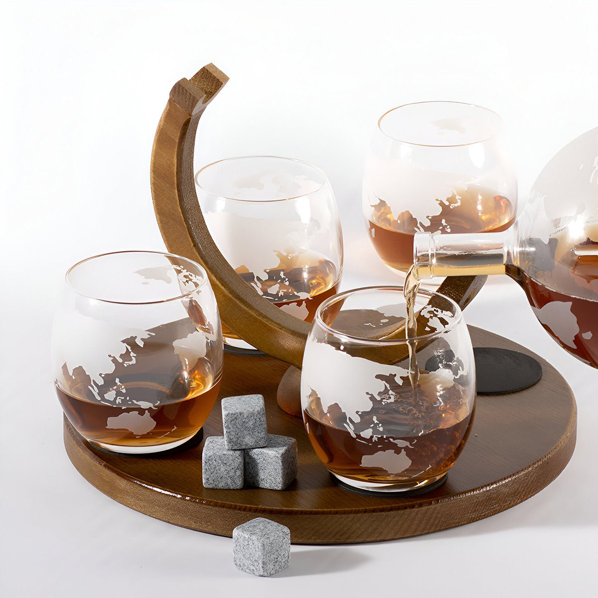 Globe Decanter Set with 4 Whiskey Glasses and Stones - 6pc Set