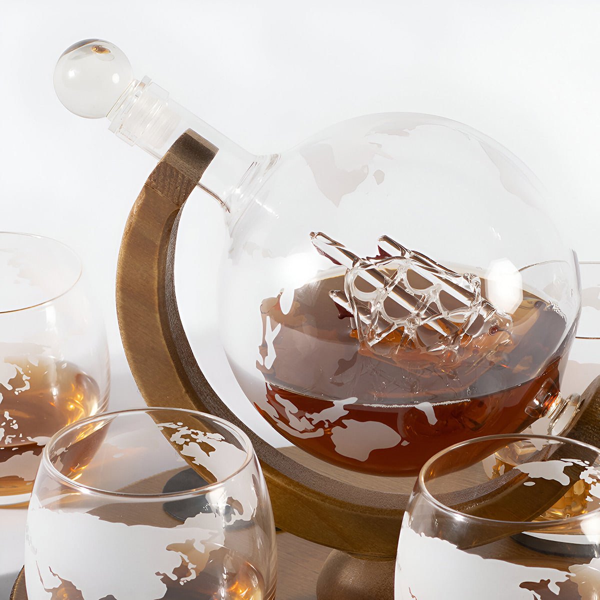 Globe Decanter Set with 4 Whiskey Glasses and Stones - 6pc Set