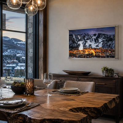 Goodnight Aspen wall art hung inside a dining room with live edge wood