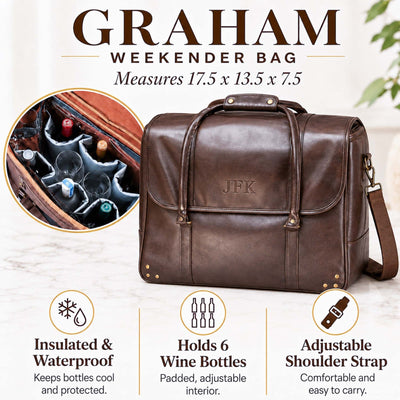 Graham Personalized Weekender Bag - 6 Bottle Travel Wine Carrier - Insulated Wine Bag Cooler