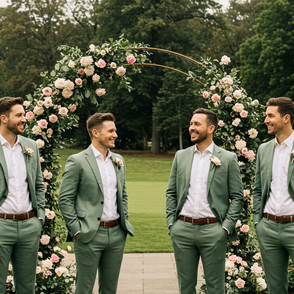 Four groomsmen standing in front of a vibrant background